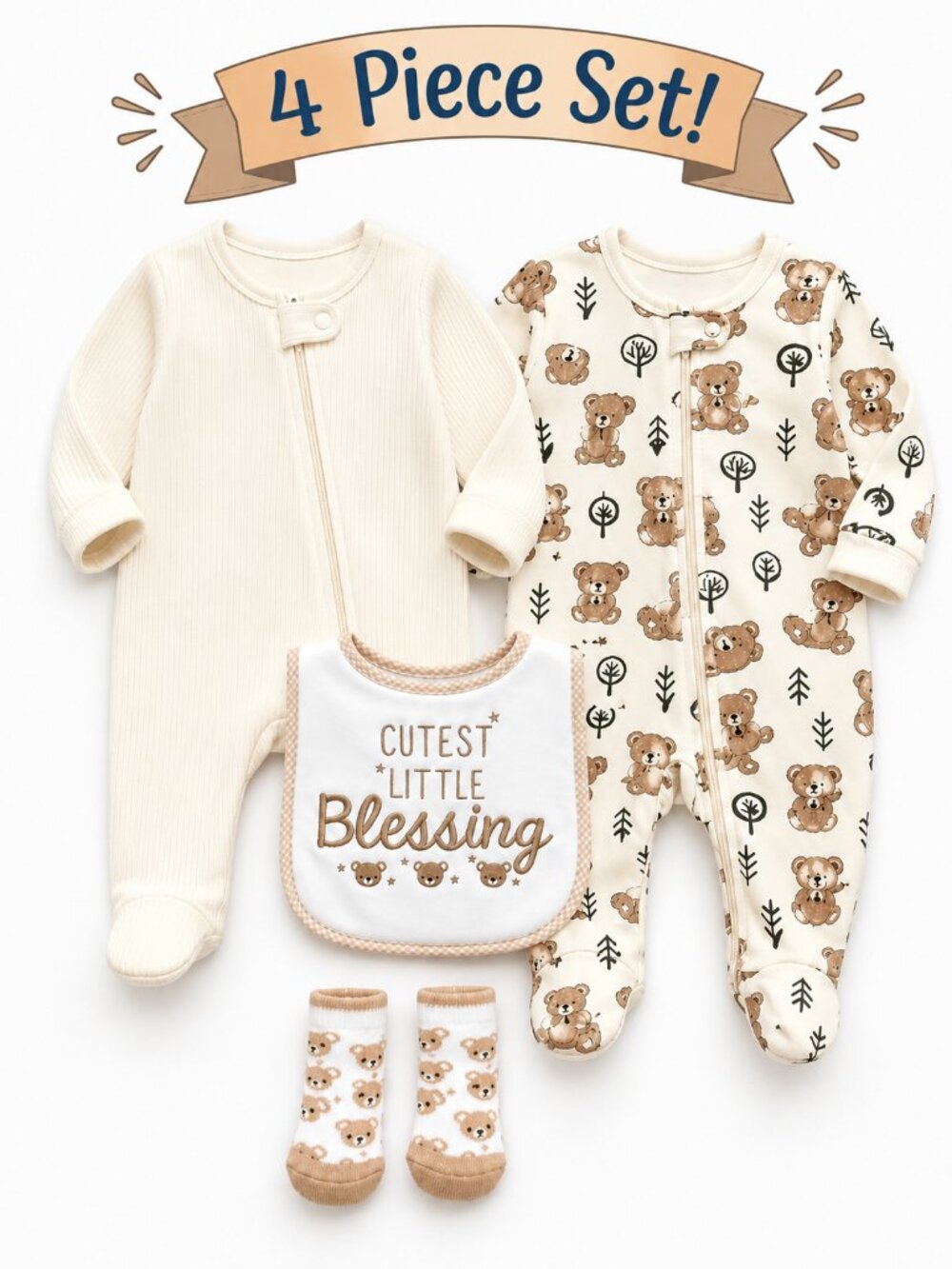 NWT Baby Essentials Baby Gift Set 2 Footed Sleepers Bib & Bear Socks Neutral